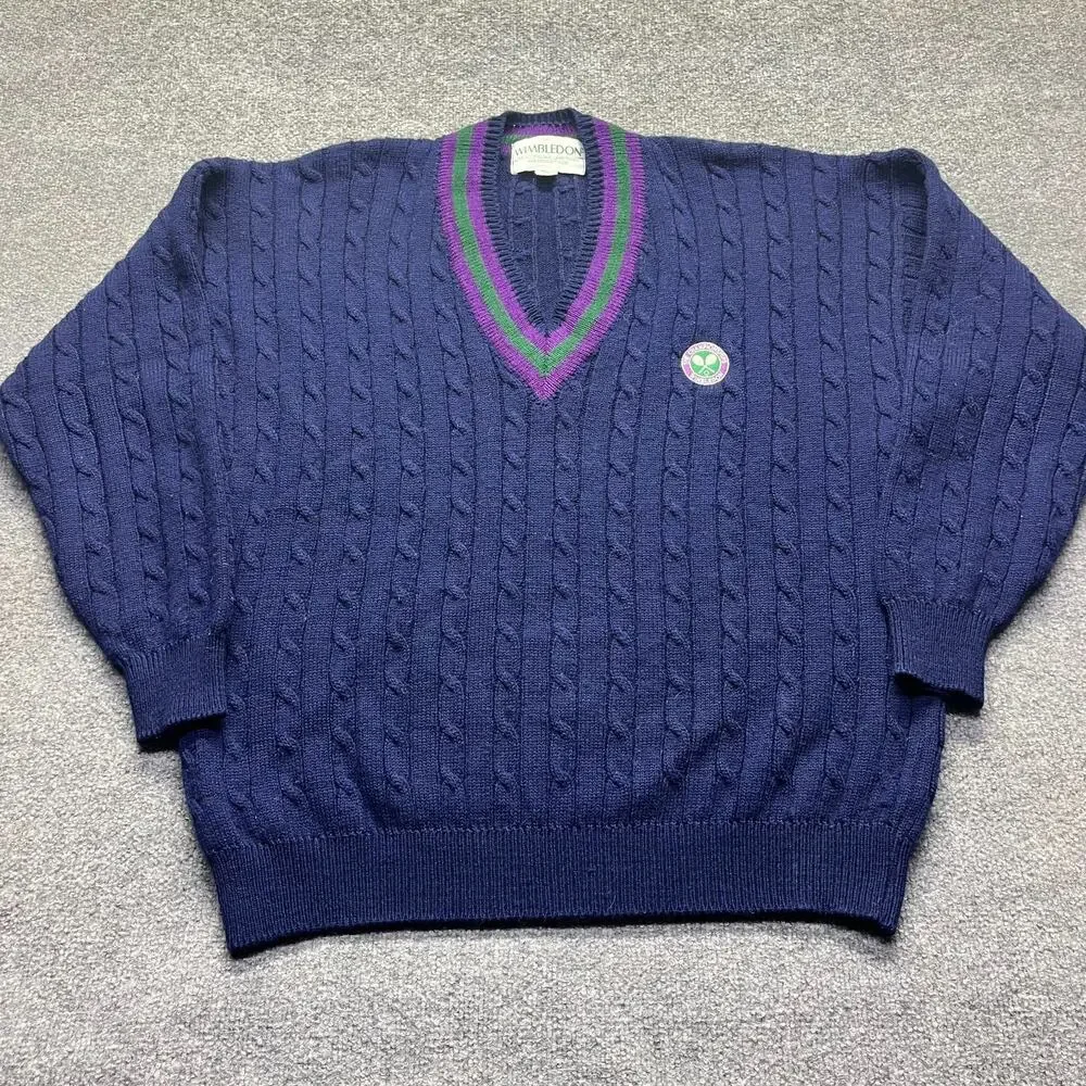 Vintage Wimbledon Men's XL Cable Knit V-Neck Sweater Navy Blue Tennis Preppy